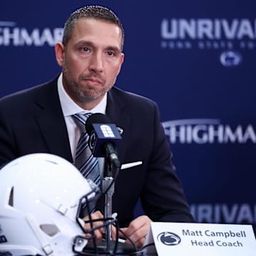 Dec 8, 2025; University Park, PA, USA; Matt Campbell answers questions from the media after being announced as the Penn State Nittany Lions new head coach during a press conference at the Beaver Stadium Press Room. Mandatory Credit: Matthew O'Haren-Imagn Images