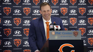 Jan 22, 2025; Lake Forest, IL, USA; Chicago Bears head coach Ben Johnson answers questions during a introductory press conference at PNC Center. Mandatory Credit: David Banks-Imagn Images