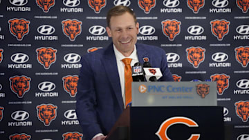 Jan 22, 2025; Lake Forest, IL, USA; Chicago Bears head coach Ben Johnson answers questions during a introductory press conference at PNC Center. Mandatory Credit: David Banks-Imagn Images