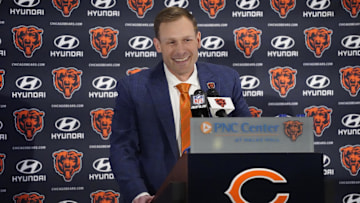 Jan 22, 2025; Lake Forest, IL, USA; Chicago Bears head coach Ben Johnson answers questions during a introductory press conference at PNC Center. Mandatory Credit: David Banks-Imagn Images