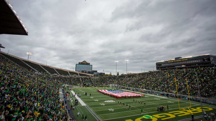 A pair of F-15 Eagle fighter jets fly over the field during the Oregon Ducks’ Spring Game.