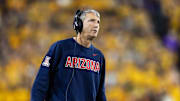 Nov 28, 2025; Tempe, Arizona, USA; Arizona Wildcats head coach Brent Brennan against the Arizona State Sun Devils during the 99th Territorial Cup at Mountain America Stadium. Mandatory Credit: Mark J. Rebilas-Imagn Images