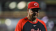 Sep 23, 2025; Cincinnati, Ohio, USA; Cincinnati Reds manager Terry Francona (77) walks off the field during a pitching change in the sixth inning against the Pittsburgh Pirates at Great American Ball Park. Mandatory Credit: Katie Stratman-Imagn Images