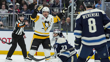 Pittsburgh center Sidney Crosby celebrates a goal against the Blue Jackets last week. 