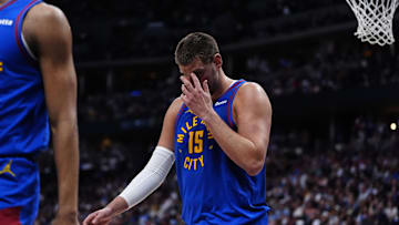 May 9, 2025; Denver, Colorado, USA; Denver Nuggets center Nikola Jokic (15) reacts after a shooting foul is called in the second quarter against the Oklahoma City Thunder during game three of the second round for the 2025 NBA Playoffs at Ball Arena. Mandatory Credit: Ron Chenoy-Imagn Images