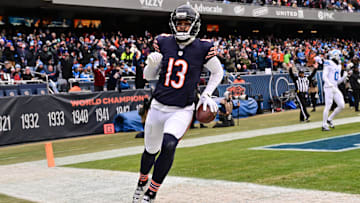 Dec 22, 2024; Chicago, Illinois, USA; Chicago Bears wide receiver Keenan Allen (13) reacts after a touchdown reception against the Detroit Lions during the second quarter at Soldier Field. Mandatory Credit: Daniel Bartel-Imagn Images