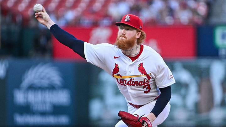 Jun 15, 2026; St. Louis, Missouri, USA; St. Louis Cardinals starting pitcher Dustin May (3) pitches against the San Diego Padres during the first inning at Busch Stadium. Mandatory Credit: Jeff Curry-Imagn Images