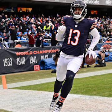 Dec 22, 2024; Chicago, Illinois, USA; Chicago Bears wide receiver Keenan Allen (13) reacts after a touchdown reception against the Detroit Lions during the second quarter at Soldier Field. Mandatory Credit: Daniel Bartel-Imagn Images