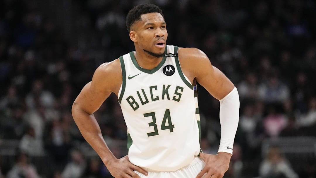 Mar 30, 2025; Milwaukee, Wisconsin, USA;  Milwaukee Bucks forward Giannis Antetokounmpo (34) looks on during the first quarter against the Atlanta Hawks at Fiserv Forum. Mandatory Credit: Jeff Hanisch-Imagn Images