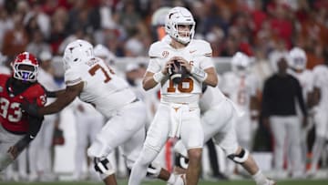 Nov 15, 2025; Athens, Georgia, USA; Texas Longhorns quarterback Arch Manning (16) looks to make a pass in the second half against the Georgia Bulldogs at Sanford Stadium. Mandatory Credit: Brett Davis-Imagn Images