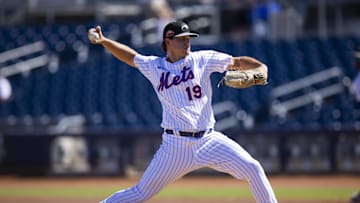 Oct 7, 2022; Peoria, Arizona, USA; New York Mets pitcher Mike Vasil plays for the Peoria Javelinas during an Arizona Fall League baseball game at Peoria Sports Complex. Mandatory Credit: Mark J. Rebilas-Imagn Images