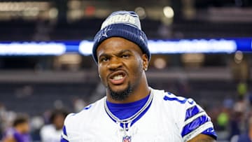 Aug 16, 2025; Arlington, Texas, USA;  Dallas Cowboys defensive end Micah Parsons (11) reacts after the game against the Baltimore Ravens at AT&T Stadium. Mandatory Credit: Kevin Jairaj-Imagn Images