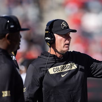 Oct 19, 2024; Tucson, Arizona, USA; Colorado Buffaloes offensive coordinator Pat Shurmur against the Arizona Wildcats at Arizona Stadium. Mandatory Credit: Mark J. Rebilas-Imagn Images