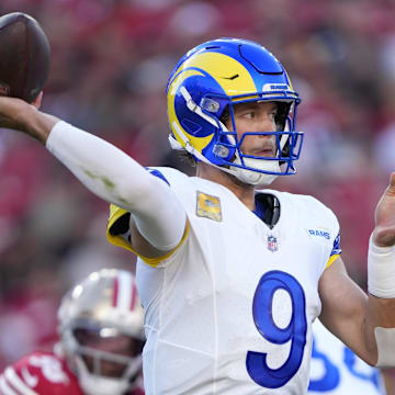 Nov 9, 2025; Santa Clara, California, USA; Los Angeles Rams quarterback Matthew Stafford (9) throws a pass during the second quarter against the San Francisco 49ers at Levi's Stadium. Mandatory Credit: Kyle Terada-Imagn Images