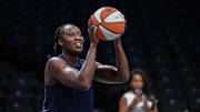 Aug 25, 2025; Brooklyn, New York, USA; Connecticut Sun center Tina Charles (31) warms up before a game against the New York Liberty at Barclays Center. Mandatory Credit: John Jones-Imagn Images
