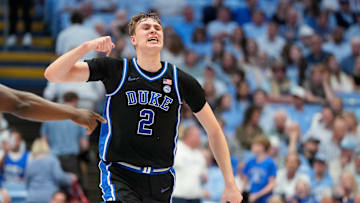Mar 8, 2025; Chapel Hill, North Carolina, USA; Duke Blue Devils forward Cooper Flagg (2) reacts in the second half at Dean E. Smith Center. Mandatory Credit: Bob Donnan-Imagn Images