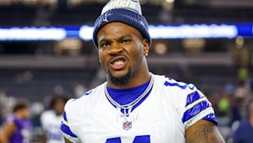 Aug 16, 2025; Arlington, Texas, USA;  Dallas Cowboys defensive end Micah Parsons (11) reacts after the game against the Baltimore Ravens at AT&T Stadium. Mandatory Credit: Kevin Jairaj-Imagn Images