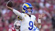 Los Angeles Rams quarterback Matthew Stafford (9) throws a pass during the second quarter against the San Francisco 49ers at Levi's Stadium on Sunday, Nov. 9, 2025.