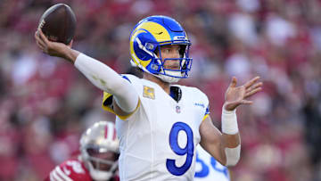 Los Angeles Rams quarterback Matthew Stafford (9) throws a pass during the second quarter against the San Francisco 49ers at Levi's Stadium on Sunday, Nov. 9, 2025.