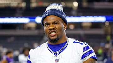 Aug 16, 2025; Arlington, Texas, USA;  Dallas Cowboys defensive end Micah Parsons (11) reacts after the game against the Baltimore Ravens at AT&T Stadium. 