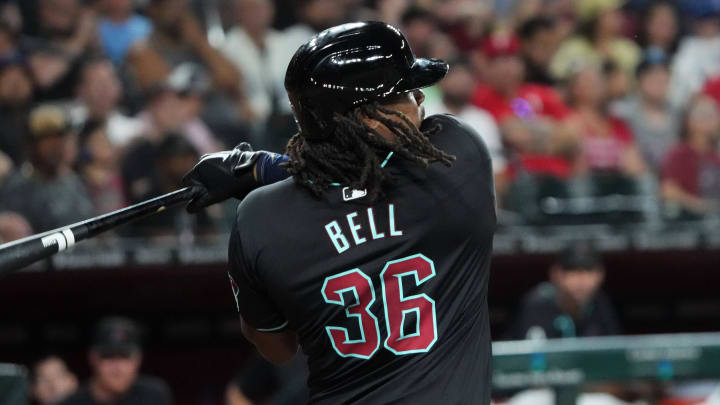 Aug 8, 2024; Phoenix, Arizona, USA; Arizona Diamondbacks first base Josh Bell (36) bats against the Philadelphia Phillies during the fourth inning at Chase Field. Mandatory Credit: Joe Camporeale-USA TODAY Sports