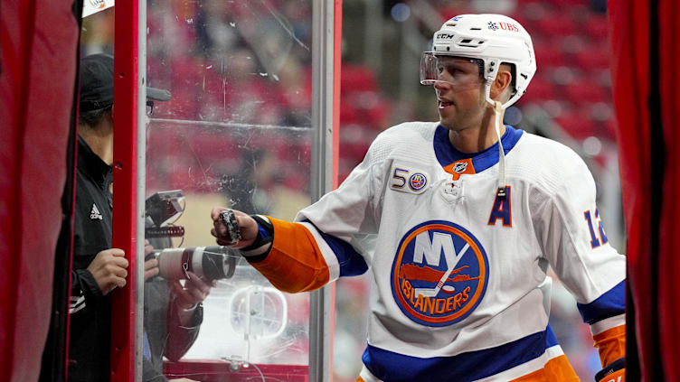 Oct 28, 2022; Raleigh, North Carolina, USA;  New York Islanders right wing Josh Bailey (12) hands a