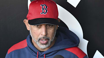 Boston Red Sox manager Alex Cora (13) talks with the media before the teamís game against the Chicago White Sox at Guaranteed Rate Field.