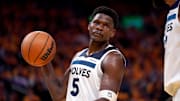 May 12, 2025; San Francisco, California, USA; Minnesota Timberwolves guard Anthony Edwards (5) holds onto the ball after being called for a foul against the Golden State Warriors in the third quarter during game four of the second round for the 2025 NBA Playoffs at Chase Center. Mandatory Credit: Cary Edmondson-Imagn Images