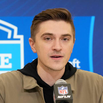 Feb 25, 2025; Indianapolis, IN, USA; Jacksonville Jaguars general manger James Gladstone speaks during the NFL Scouting Combine at the Indiana Convention Center. Mandatory Credit: Kirby Lee-Imagn Images