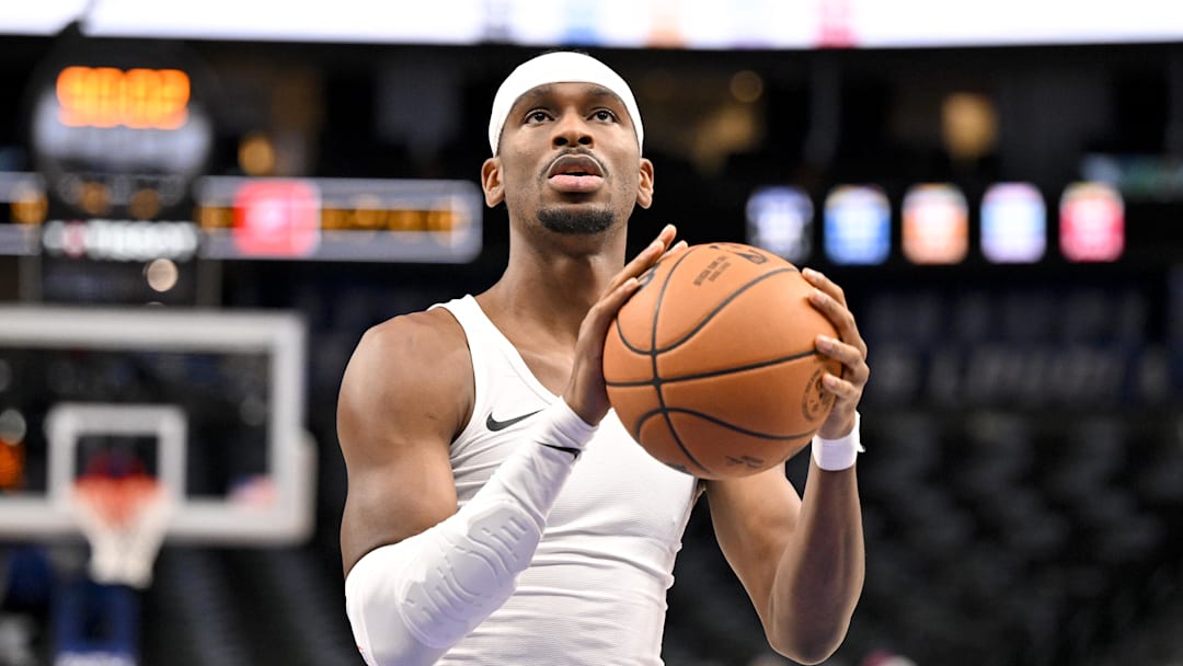 Oct 27, 2025; Dallas, Texas, USA; Oklahoma City Thunder guard Shai Gilgeous-Alexander (2) warms up before the game against the Dallas Mavericks at the American Airlines Center. Mandatory Credit: Jerome Miron-Imagn Images