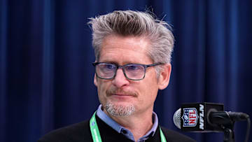 Feb 25, 2020; Indianapolis, Indiana, USA; Atlanta Falcons general manager Thomas Dimitroff speaks during the NFL Scouting Combine at the Indiana Convention Center. Mandatory Credit: Kirby Lee-Imagn Images
