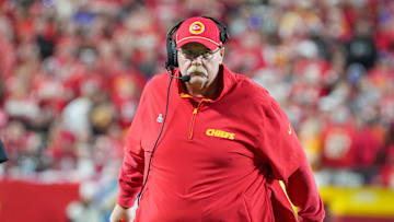 Oct 7, 2024; Kansas City, Missouri, USA; Kansas City Chiefs head coach Andy Reid watches play against the New Orleans Saints during the second half at GEHA Field at Arrowhead Stadium. Mandatory Credit: Denny Medley-Imagn Images