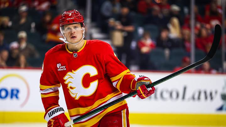Mar 22, 2026; Calgary, Alberta, CAN; Calgary Flames defenseman Olli Maatta (3) skates against the Tampa Bay Lightning during the first period at Scotiabank Saddledome. Mandatory Credit: Sergei Belski-Imagn Images