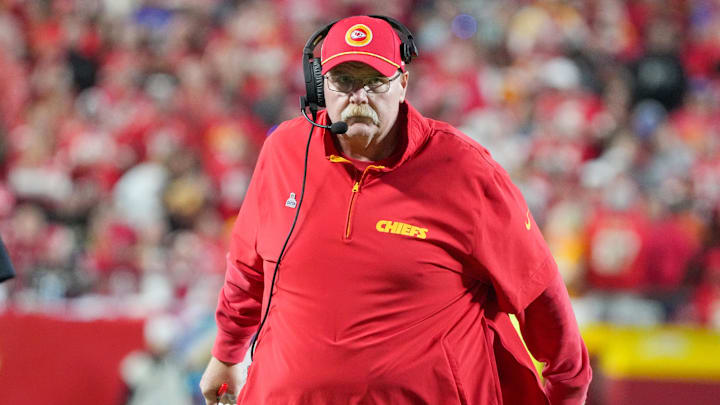 Oct 7, 2024; Kansas City, Missouri, USA; Kansas City Chiefs head coach Andy Reid watches play against the New Orleans Saints during the second half at GEHA Field at Arrowhead Stadium. Mandatory Credit: Denny Medley-Imagn Images