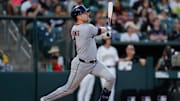 Jun 20, 2025; West Sacramento, California, USA; Cleveland Guardians center fielder Lane Thomas (8) bats during the game against the Athletics at Sutter Health Park. Mandatory Credit: Sergio Estrada-Imagn Images