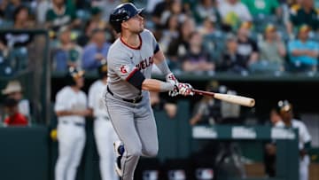Jun 20, 2025; West Sacramento, California, USA; Cleveland Guardians center fielder Lane Thomas (8) bats during the game against the Athletics at Sutter Health Park. Mandatory Credit: Sergio Estrada-Imagn Images