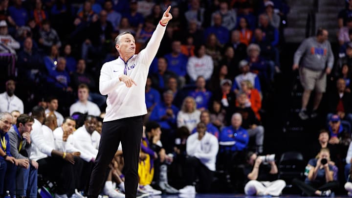 Jan 20, 2026; Gainesville, Florida, USA; Louisiana State Tigers head coach Matt McMahon gestures against the Florida Gators during the first half at Exactech Arena at the Stephen C. O'Connell Center. Mandatory Credit: Matt Pendleton-Imagn Images