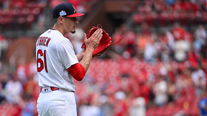 Jun 7, 2026: St. Louis Cardinals pitcher Riley O'Brien (61) reacts after closing out the ninth inning against the Cincinnati Reds at Busch Stadium. 