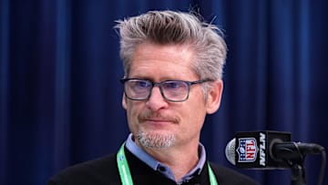 Feb 25, 2020; Indianapolis, Indiana, USA; Atlanta Falcons general manager Thomas Dimitroff speaks during the NFL Scouting Combine at the Indiana Convention Center. Mandatory Credit: Kirby Lee-Imagn Images