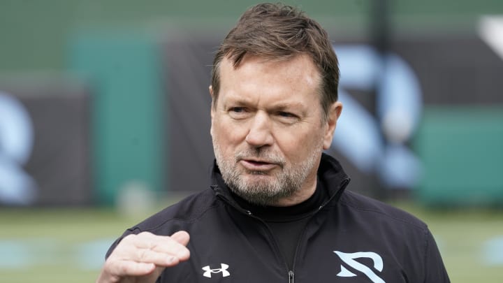 Feb 18, 2023; Arlington, TX, USA; Arlington Renegades head coach Bob Stoops talks on the field prior to a game against the Vegas Vipers at Choctaw Stadium. Mandatory Credit: Raymond Carlin III-USA TODAY Sports