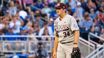Jun 17, 2024; Omaha, NE, USA; Texas A&M Aggies pitcher Josh Stewart (34) walks off the field after the seventh inning against the Kentucky Wildcats at Charles Schwab Field Omaha. Mandatory Credit: Dylan Widger-USA TODAY Sports