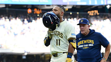 Oct 4, 2025; Milwaukee, Wisconsin, USA; Milwaukee Brewers left fielder Jackson Chourio (11) leaves the game after an apparent injury during the second inning of game one of the NLDS round for the 2025 MLB playoffs at American Family Field. Mandatory Credit: Benny Sieu-Imagn Images