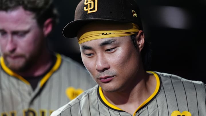 Aug 16, 2024; Denver, Colorado, USA; San Diego Padres shortstop Ha-Seong Kim (7) leaves the dugout in the seventh inning against the Colorado Rockies at Coors Field. Mandatory Credit: Ron Chenoy-Imagn Images