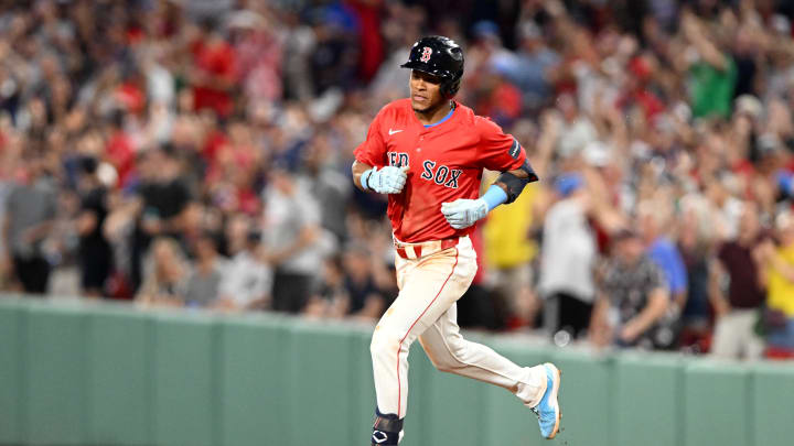 Jul 26, 2024; Boston, Massachusetts, USA; Boston Red Sox outfielder Ceddanne Rafaela (43) runs the bases after hitting a two-run home run against the New York Yankees during the seventh inning at Fenway Park. Mandatory Credit: Brian Fluharty-USA TODAY Sports