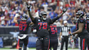 Oct 6, 2024; Houston, Texas, USA; Houston Texans offensive tackle Laremy Tunsil (78) celebrates after the Texans defeated the Buffalo Bills at NRG Stadium. Mandatory Credit: Troy Taormina-Imagn Images