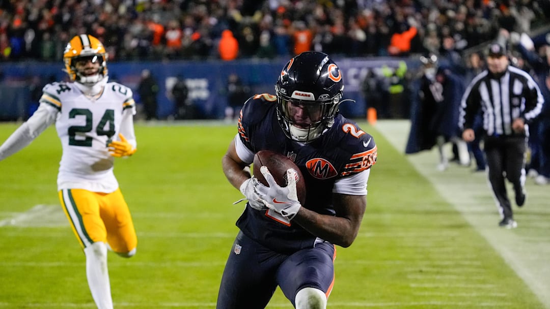 Jan 10, 2026; Chicago, IL, USA;  Chicago Bears wide receiver DJ Moore (2) makes the eventual game winning touchdown catch against the Green Bay Packers during the second half of an NFC Wild Card Round game at Soldier Field. Mandatory Credit: David Banks-Imagn Images