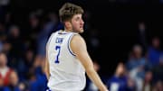 Feb 1, 2025; Lexington, Kentucky, USA; Kentucky Wildcats forward Andrew Carr (7) celebrates after making a three-point basket during the first half against the Arkansas Razorbacks at Rupp Arena at Central Bank Center. Mandatory Credit: Jordan Prather-Imagn Images