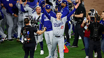 Oct 30, 2024; New York, USA, LAD; Los Angeles Dodgers pitcher Walker Buehler (21) celebrates after the Los Angeles Dodgers beat the New York Yankees in game four to win the 2024 MLB World Series at New York. Mandatory Credit: Wendell Cruz-MLB