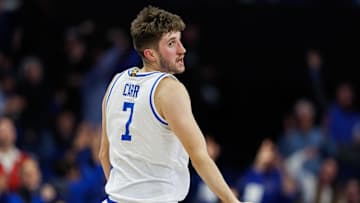 Feb 1, 2025; Lexington, Kentucky, USA; Kentucky Wildcats forward Andrew Carr (7) celebrates after making a three-point basket during the first half against the Arkansas Razorbacks at Rupp Arena at Central Bank Center. Mandatory Credit: Jordan Prather-Imagn Images