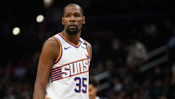 Jan 16, 2025; Washington, District of Columbia, USA; Phoenix Suns forward Kevin Durant (35) looks on during the first quarter against the Washington Wizards at Capital One Arena. Mandatory Credit: Reggie Hildred-Imagn Images